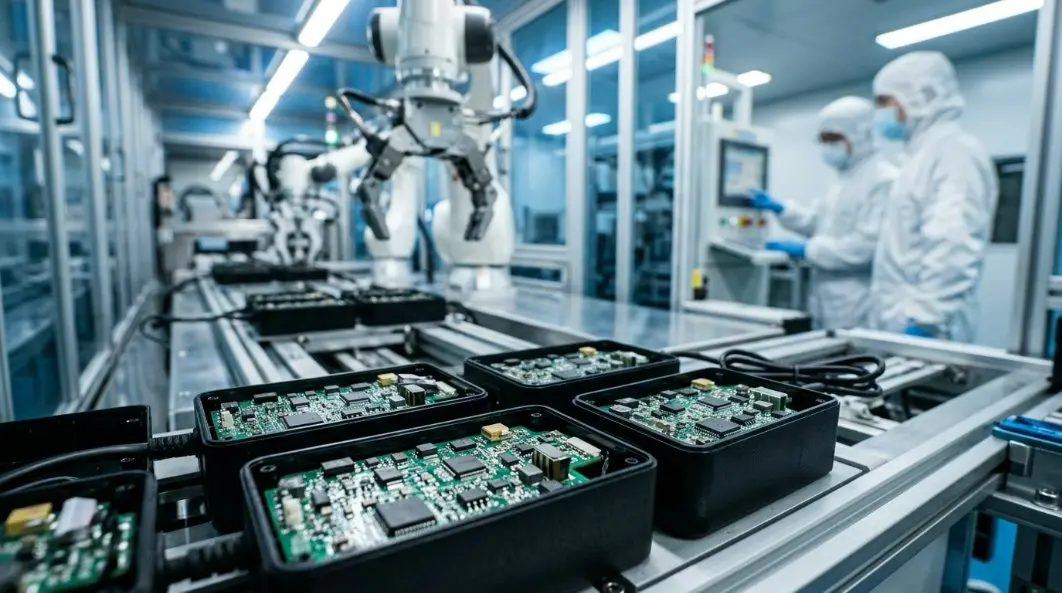 Industrial factory production line showing high-precision 48W power adapters being assembled in a modern cleanroom environment in China.