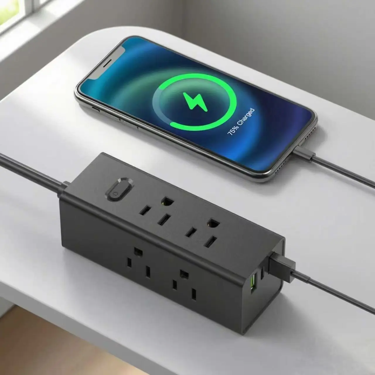 Amerikai elosztó USB lapos dugós hosszabbító kábellel, utazó elosztóval